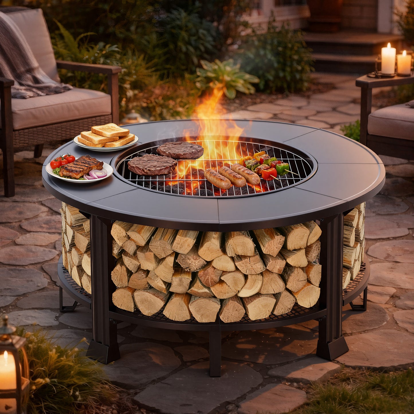Outdoor Fire Pit, 38" Firepit, SEGMART Wood Burning Fire Pit, Fire Pits For Outside, Fire Pit Table with Lid, Grill, Poker, Waterproof Cover, Round Metal Firepit Table For Outside Patio, Black