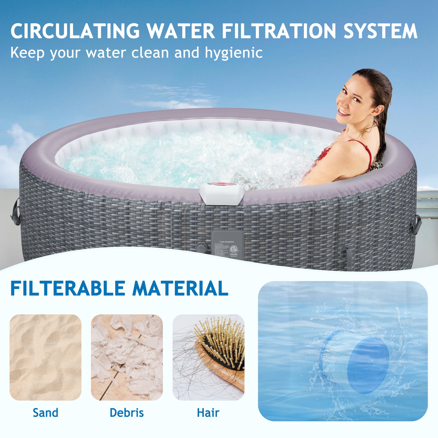 82 Inch Inflatable Hot Tub, 4 to 6 Person Outdoor Hot Tub Spa Built-in Heater Pump, Portable Hot Tub w/130 Jets, Tub Cover, Filter Cartridges, 1000L Capacity