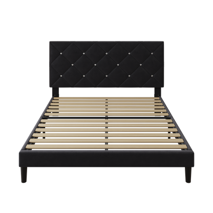 Segmart Queen Bed Frame with Adjustable Upholstered Button Headboard and Wooden Slats, Velvet Button Tufted Platform Bed Frame, Box Spring Needed, Easy Assembly, 500lbs, Black, SS721