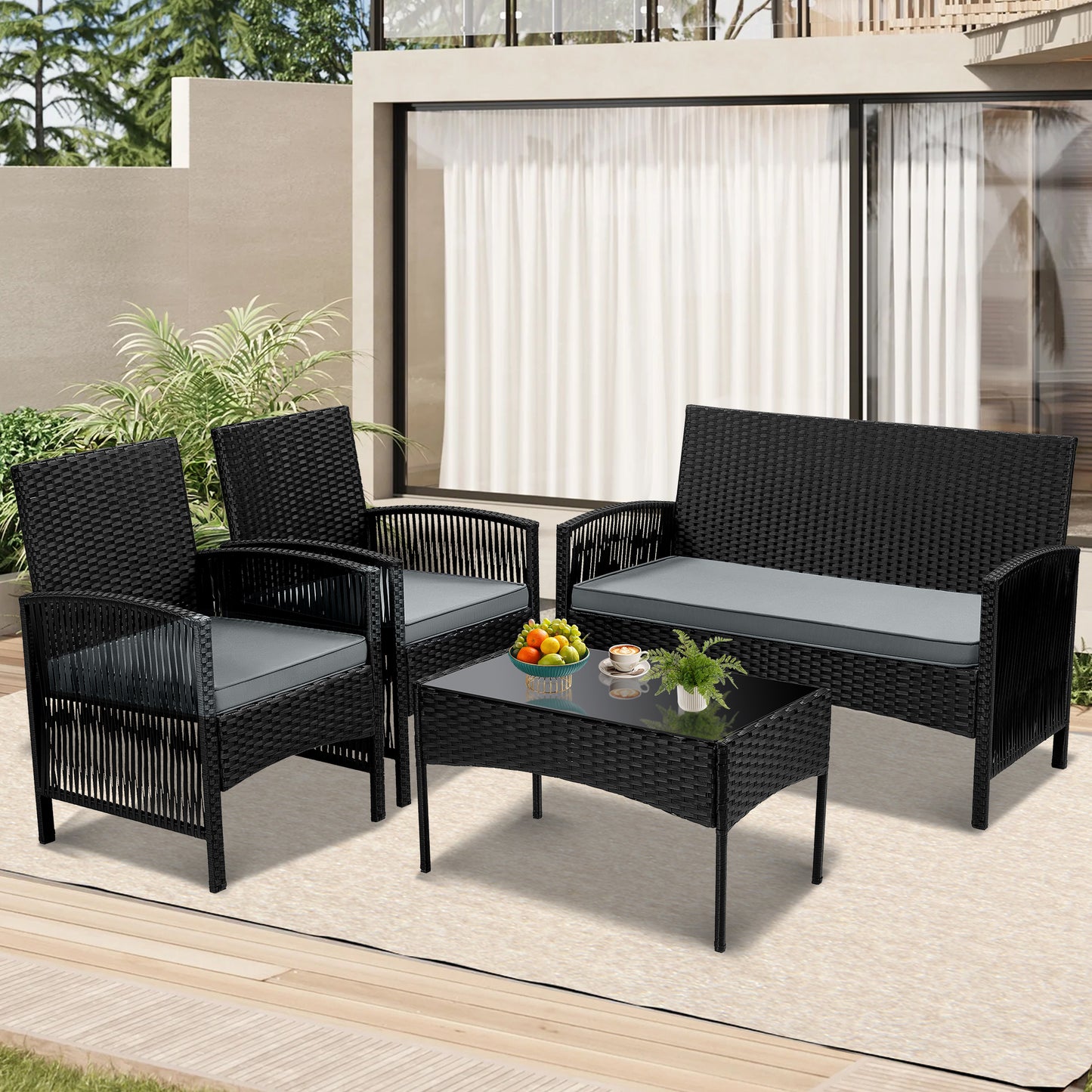 Clearance Patio Furniture Set, Segmart 4 Pieces Rattan Sofa Set Cushioned Sofa & Charis, Deck Porch Poolside Furniture Conversation Set for 4, Gray
