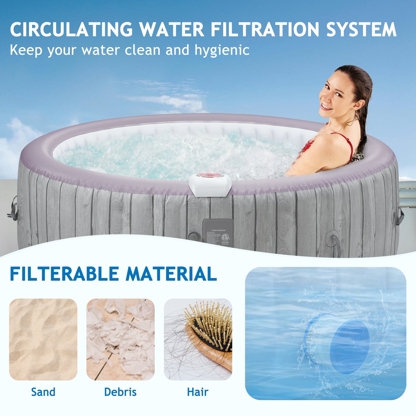 82" Hot Tub, Segmart 4 to 6 Person Inflatable Hot Tub, Round Portable Outdoor Spa with 130 Soothing AirJets, Lockable Cover, and Storage Bag, Built-in Heater Pump, Max. 104°F