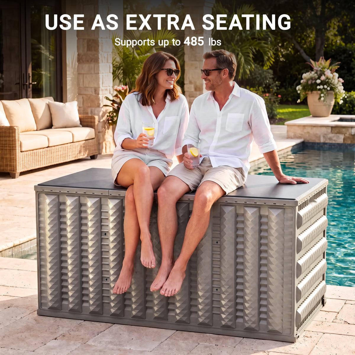 180 Gallon Resin Deck Box, Outdoor Lockable Storage Container for Patio Cushions, Garden Tools, Pool Supplies, Toys, Water Resistant and UV Resistant, Reinforced Rib Design, Built-in Wheels, Gray