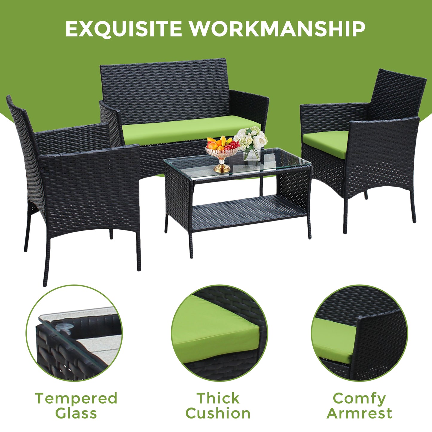 Patio Furniture Set, 4 Pieces Outdoor Rattan Conversation Sofa Set, All-Weather Wicker Patio Sets, Cushioned Sofa and Coffee Table for Garden Deck Courtyard, Green