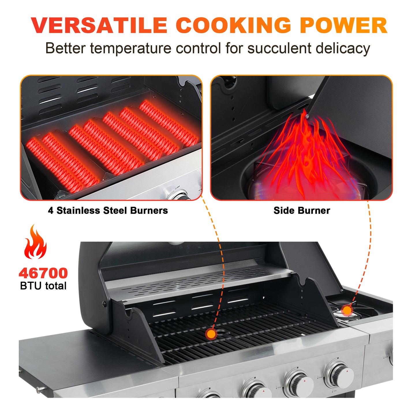 SEGMART 4 Burner Propane Gas Grill with Side Burner, 46,500 BTU Outdoor Cooking BBQ Grill with Porcelain-Enameled Cast Iron Grates, Equipped with Temperature, Tool Hooks, and Bottle Opener