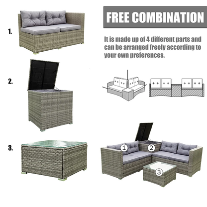 Segmart 4-Piece Rattan Wicker Sofa Set with Cushions, Glass Table & Storage Box