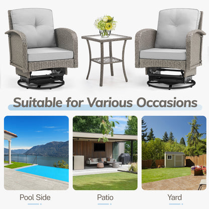 Outdoor Patio Furniture Chairs Set, 3PCS Rattan Wicker Rocking Swivel Chair and Table for 2, Cushioned Porch Bistro Set for Deck Balcony Garden