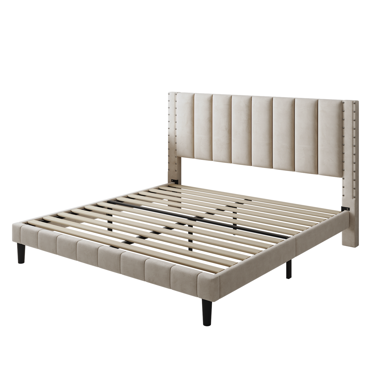 Segmart Queen Size Velvet Upholstered Bed Frame with Adjustable Rivets Headboard, Platform Bed with Wooden Slats Support, Fully Upholstered Mattress Foundation, No Box Spring Needed, Beige