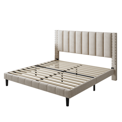 Segmart Queen Size Velvet Upholstered Bed Frame with Adjustable Rivets Headboard, Platform Bed with Wooden Slats Support, Fully Upholstered Mattress Foundation, No Box Spring Needed, Beige