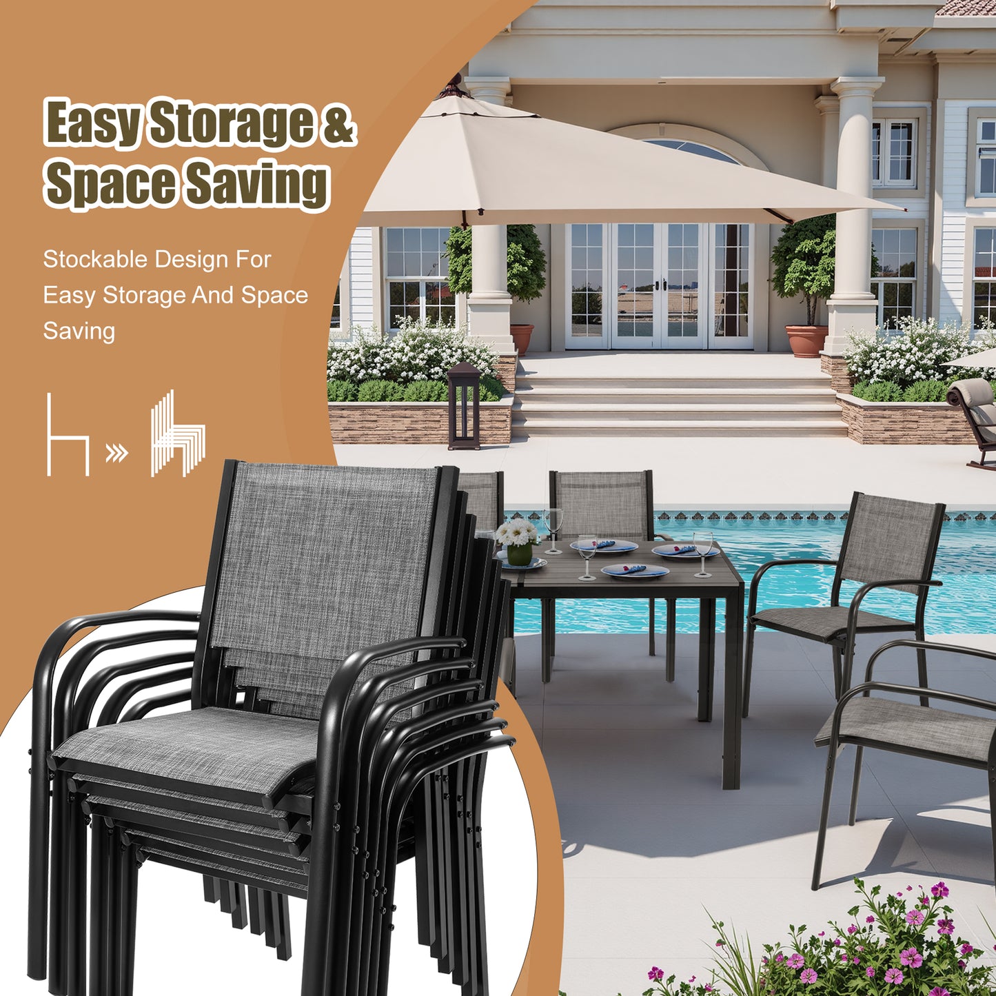 Patio Dining Set, 7PCS Outdoor Plastic-Wood Table & Textilene Chairs Set, Outdoor Furniture Dining Table Set, Garden Porch Backyard Poolside Sectional Conversation Set