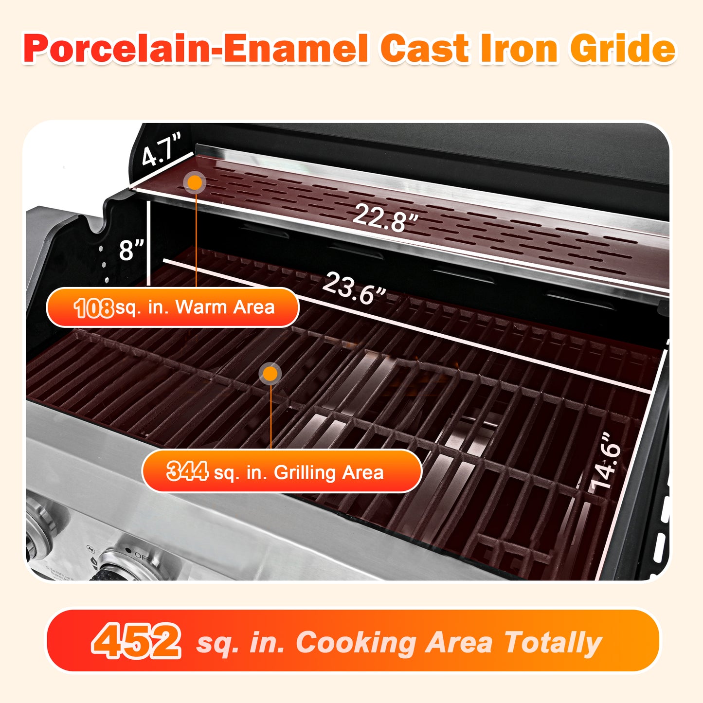 4-Burner Gas Grill with Side Burner, 51,000 BTU Propane BBQ Grill with Porcelain-Enameled Cast Iron Grates, Built-in Thermometer, Ideal for Patio Camping Outdoor Cooking