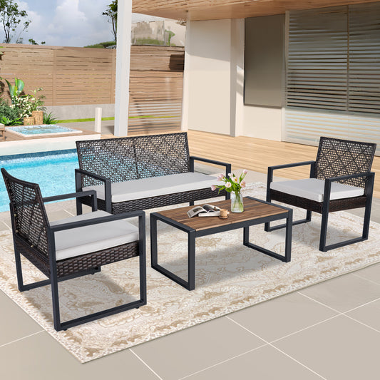 Outdoo Furniture Set, 4 Pieces Wicker Porch Conversation Set w/Cushions, All-weather Hollow Rattan Patio Sectional Sofa Set with Table