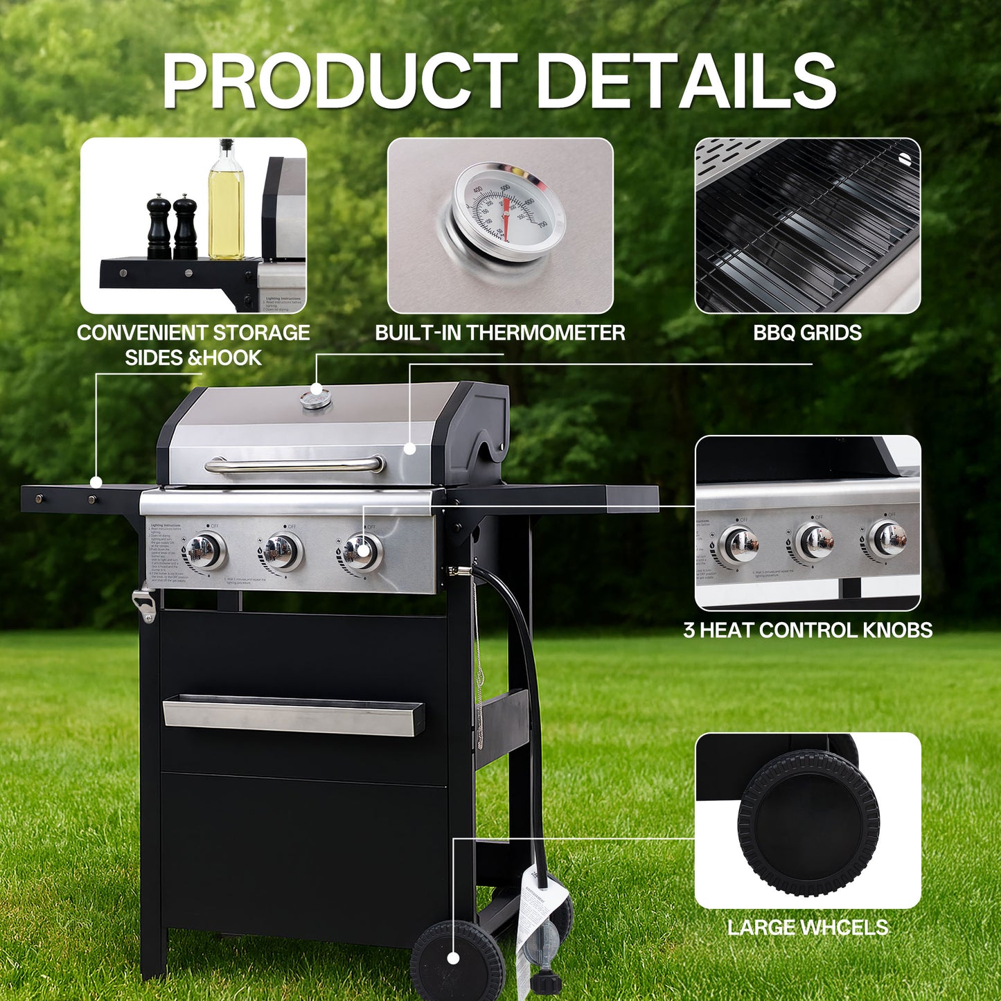 Segmart 3 Burner BBQ Propane Gas Grill, Stainless Steel 25,650 BTU Patio Garden Barbecue Grill with Folding Side Tables, Hanging Basket & Thermometer, Perfect for Camping, Outdoor Cooking