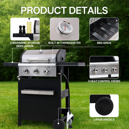 Segmart 3 Burner BBQ Propane Gas Grill, Stainless Steel 25,650 BTU Patio Garden Barbecue Grill with Folding Side Tables, Hanging Basket & Thermometer, Perfect for Camping, Outdoor Cooking