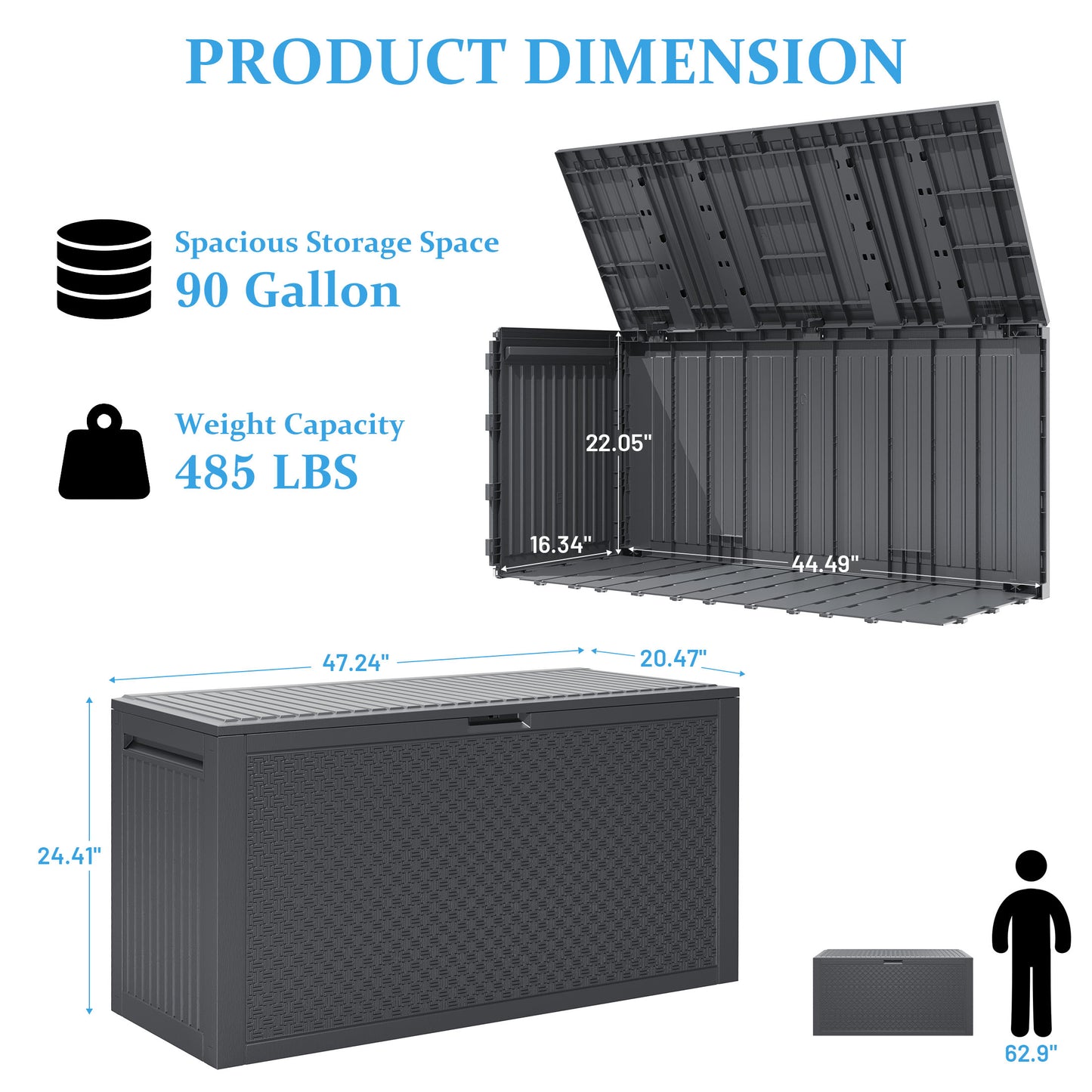 90 Gallon Outdoor Storage Box, Multi-function Deck Box for Organization & Storage, And As a Bench, Waterproof Outdoor Storage Container for Patio Cushions, Gardening Tools, Pool Supplies - Gray