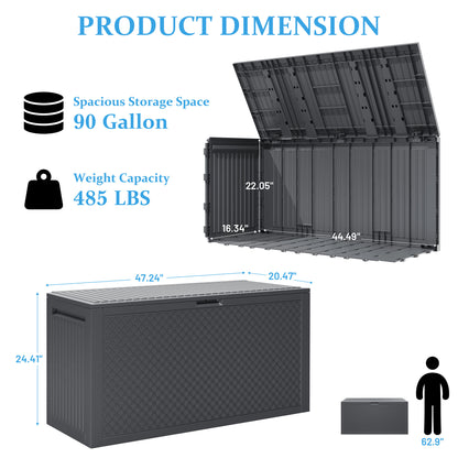 90 Gallon Outdoor Storage Box, Multi-function Deck Box for Organization & Storage, And As a Bench, Waterproof Outdoor Storage Container for Patio Cushions, Gardening Tools, Pool Supplies - Gray