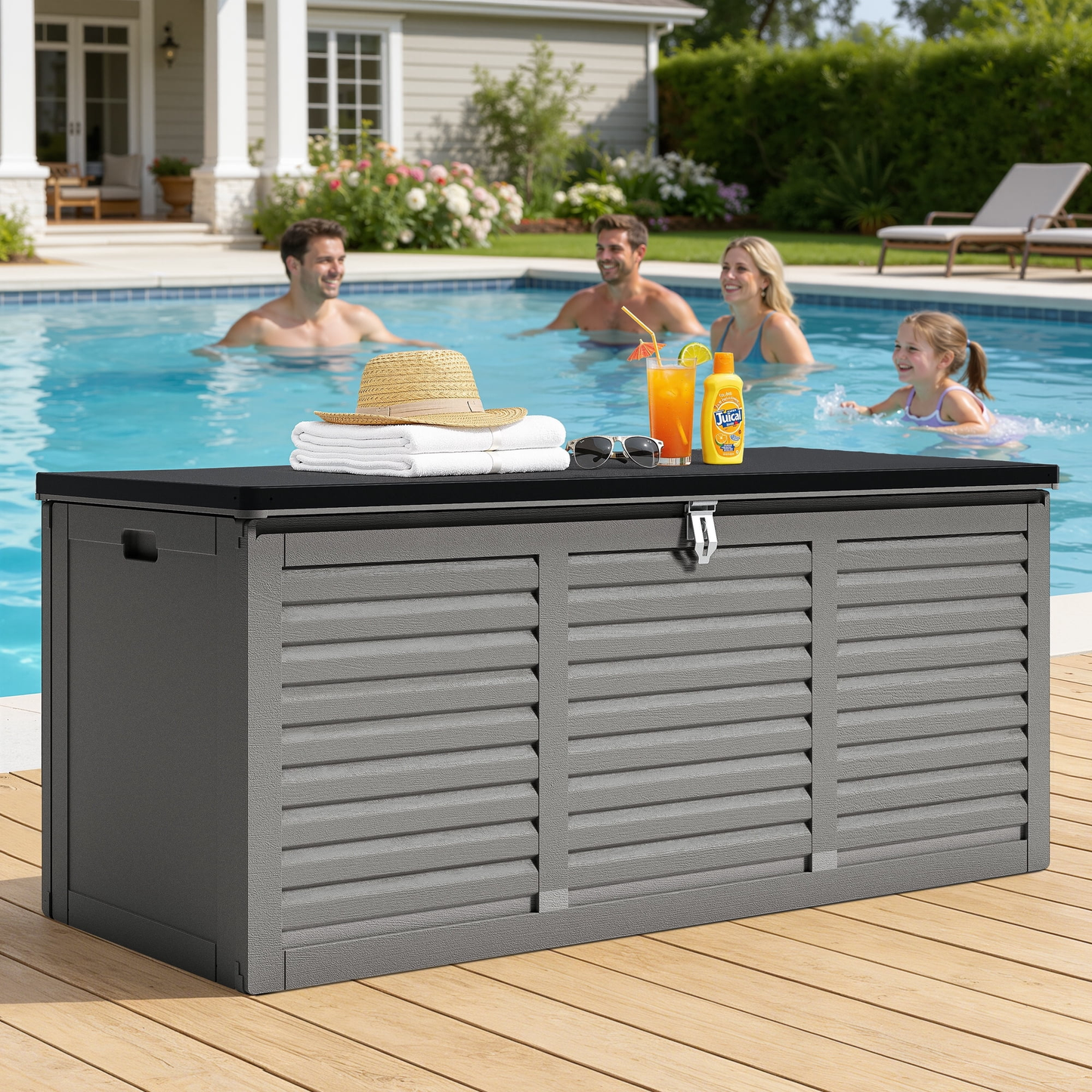 Segmart 130 Gallon Resin Deck Box with Lockable Lid, Waterproof Outdoor Storage Box, Gray