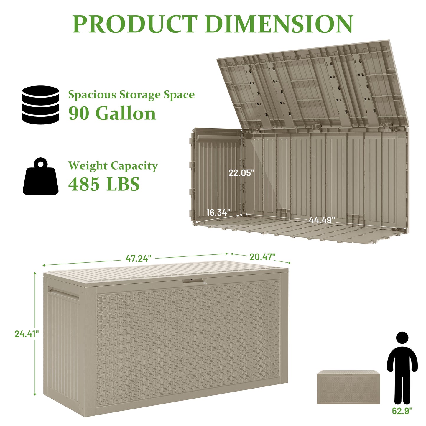 90 Gallon Resin Deck Box, Outdoor Lockable Storage Container for Patio Cushions, Garden Tools, Pool Supplies, Toys, Water Resistant and UV Resistant, Holds up to 485lbs, Light Brown