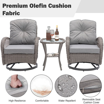 Balcony Furniture Set of 2, Outdoor Swivel Gliders Rocker Cushioned, 3 Pieces Patio Furniture Rattan Wicker Bistro Conversation Set for Porch Deck, Glass Top Side Table, Gray Cushions