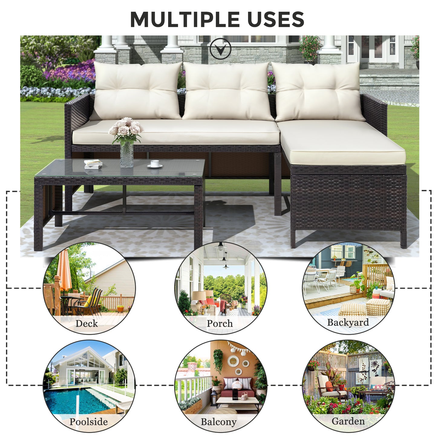 3 Pieces Patio Furniture Sectional Set, Outdoor Furniture Set with Two-Seater Sofa, Lounge Sofa, Table & Cushion, PE Rattan Wicker Bistro Set, Conversation Set for Garden, Backyard