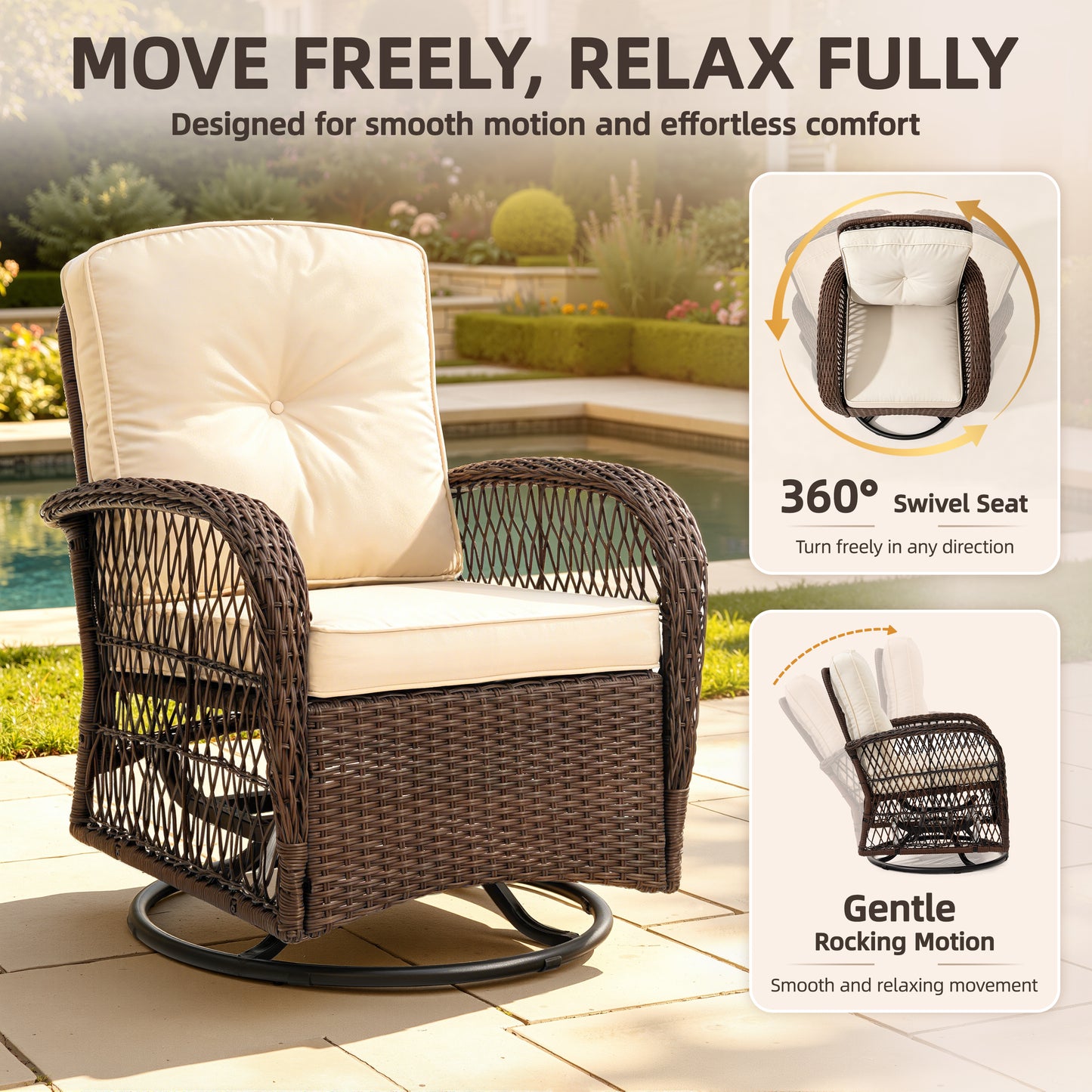 Patio Swivel Rocker Bistro Set, 3 Piece 360° Rocking Patio Conversation Set with Thickened Cushions, 2 Patio Swivel Rocking Chairs with 1 Glass Top Table, for Garden Yard Balcony Pool Cafe (Gray)