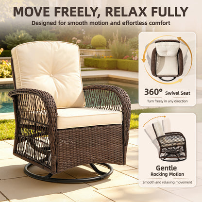 Patio Swivel Rocker Bistro Set, 3 Piece 360° Rocking Patio Conversation Set with Thickened Cushions, 2 Patio Swivel Rocking Chairs with 1 Glass Top Table, for Garden Yard Balcony Pool Cafe (Gray)
