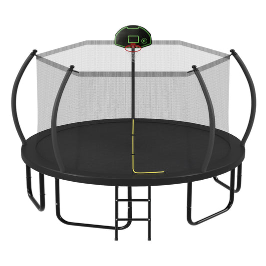 12FT 14FT 16FT Trampoline for Kids Adults with Basketball Hoop, Enclosure Net, 1500LBS Heavy Duty Outdoor Trampoline with Ladder, Recreational Round Trampoline, Pumpkin Outdoor Backyard Trampoline