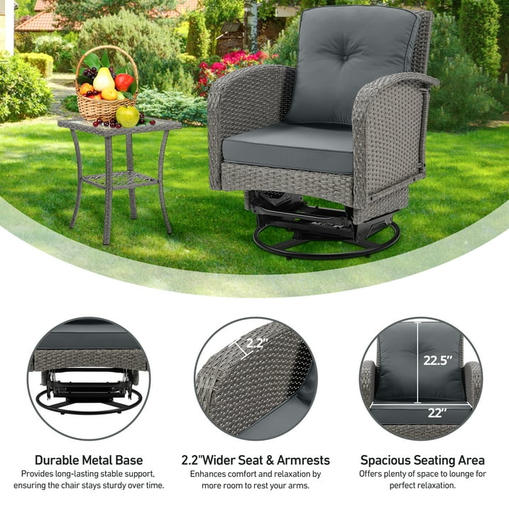 Patio Swivel Rocking Chairs Set, Segmart 3-Piece Outdoor 360° Rocking Patio Conversation Set with Thickened Cushions and Glass Coffee Table for Backyard, Max Weight 360 LBS, Gray