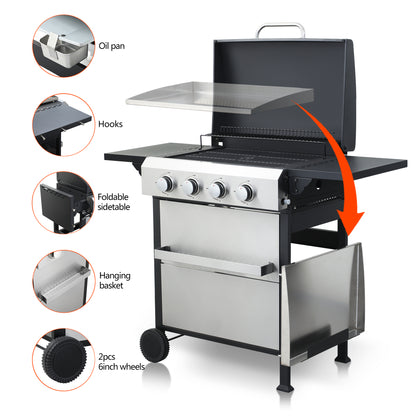 2 in 1 Propane Gas Grill and Griddle Combo, 4 Burner Griddle Grill Combo with Folding Side Tables & Hanging Basket, 49,200BTU Stainless Steel Propane Grill for Outdoor Cooking