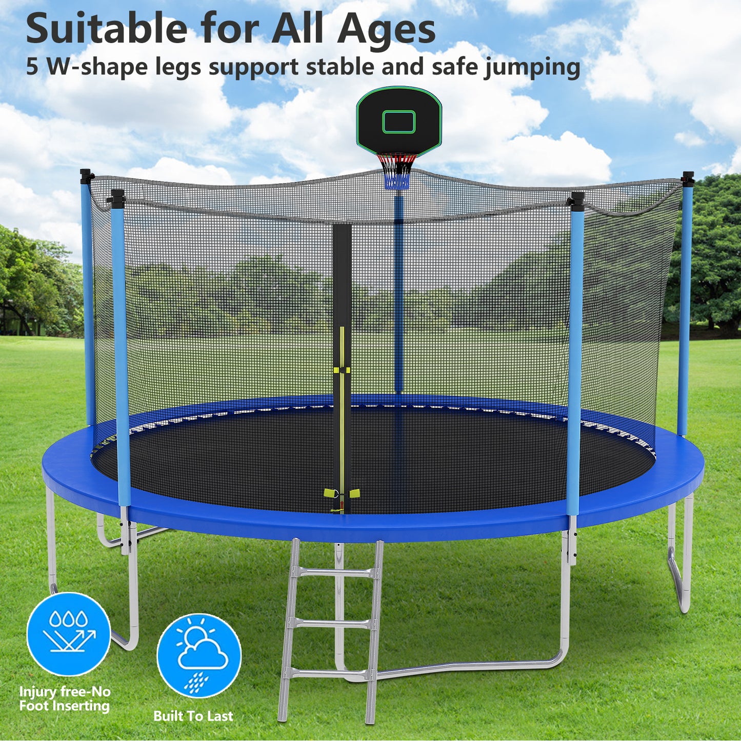 SEGMART 14FT Blue Trampoline for Kids with Basketball Hoop and Enclosure Net/Ladder, Blue