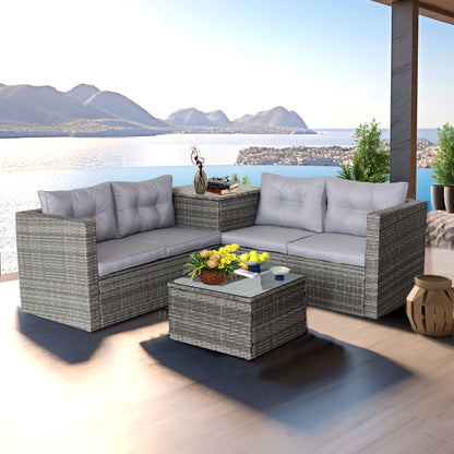 Patio Furniture Sofa Set, 6 Piece Outdoor Conversation Sets, 4 Rattan Chairs and Glass Table, Ottoman, All-Weather Patio Sectional Sofa Set with Cushions for Backyard, Porch, Garden, Poolside, LLL1403