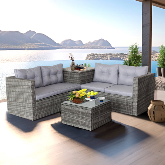 Patio Furniture Sofa Set, 6 Piece Outdoor Conversation Sets, 4 Rattan Chairs and Glass Table, Ottoman, All-Weather Patio Sectional Sofa Set with Cushions for Backyard, Porch, Garden, Poolside, LLL1403