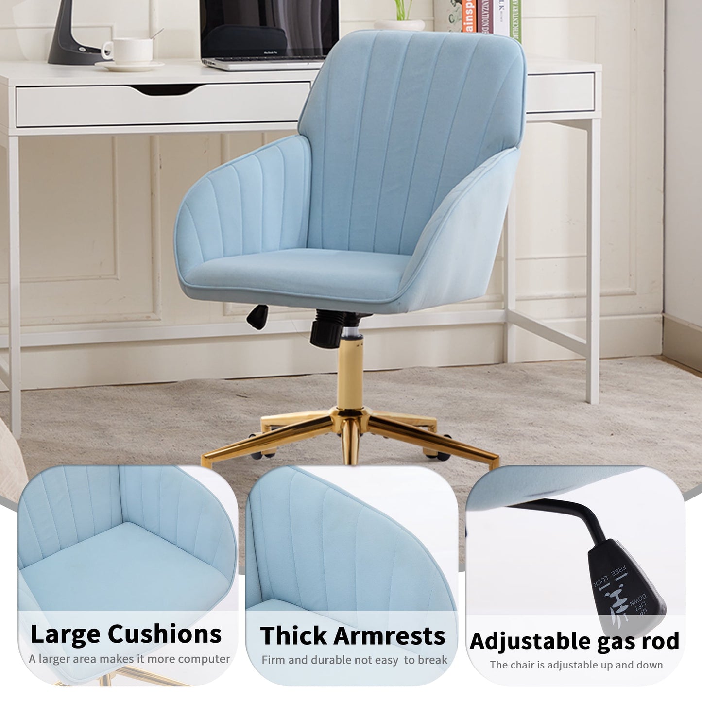 Office Chair with Memory Foam,Adjustable Swivel Desk Chair, Velvet Upholstered, Supportive Backrest for Home Office & Bedroom