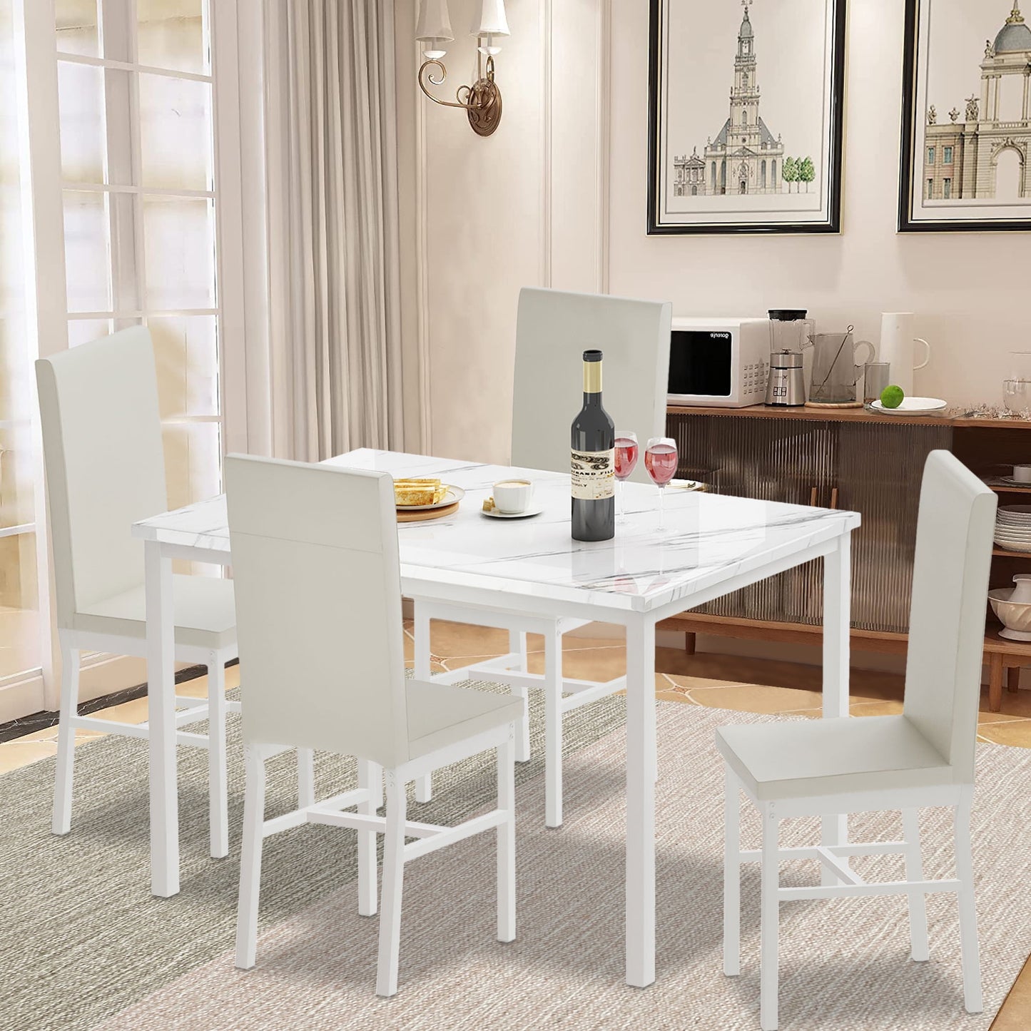Kitchen Table and 4 Chairs Set, Metal Kitchen Table Sets Faux Marble Rectangular Breakfast Table w/Metal Legs & White Finish Frame, Dining Table Sets for an Apartment Breakfast, S12528