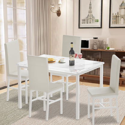 Kitchen Table and 4 Chairs Set, Metal Kitchen Table Sets Faux Marble Rectangular Breakfast Table w/Metal Legs & White Finish Frame, Dining Table Sets for an Apartment Breakfast, S12528