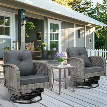 Patio Swivel Rocking Chairs Set, Segmart 3-Piece Outdoor 360° Rocking Patio Conversation Set with Thickened Cushions and Glass Coffee Table for Backyard, Max Weight 360 LBS, Gray