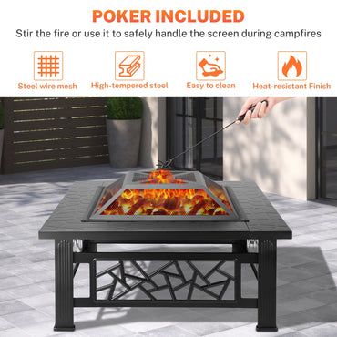 32" Fire Pits for Outside, Updated Segmart Outdoor Firepit with Fireplace Screen, Lid Square Wood Burning Fireplace Heater/Ice Pit for Camping, Outdoor Heating, Bonfire and Picnic, Black