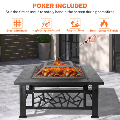 32" Fire Pits for Outside, Updated Segmart Outdoor Firepit with Fireplace Screen, Lid Square Wood Burning Fireplace Heater/Ice Pit for Camping, Outdoor Heating, Bonfire and Picnic, Black