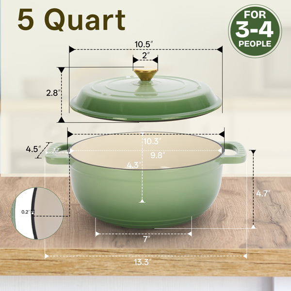 SEGMART Cast iron 5QT cooking pot ,Multifunctional Enamel pot, Includes two silicone gloves,Gradient green