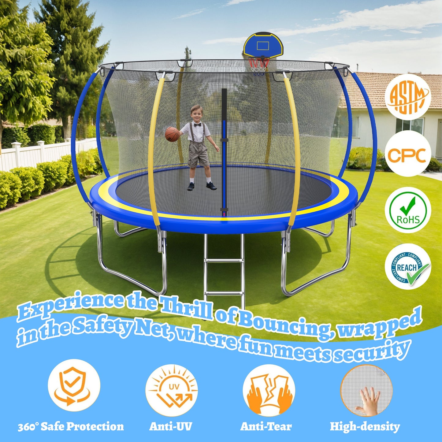 12FT Trampoline with Basketball Hoop for Kids and Adults, SEGMART Upgrade Outdoor Trampoline with Safety Enclosure Net, Heavy Duty Backyard Trampoline with Ladder for Lawn Garden Yard, Bule