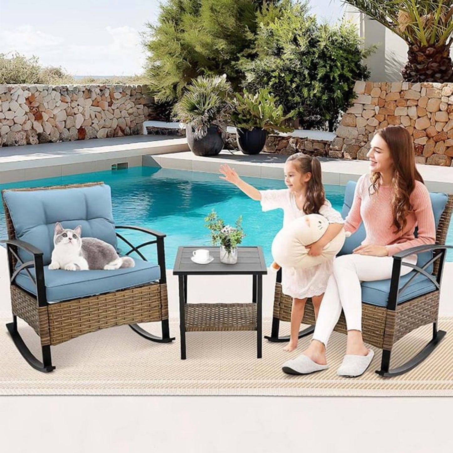 Segmart 3-Piece Patio Rocking Bistro Set, Outdoor Rattan Wicker Chairs with Blue Cushions & Steel Side Table, Front Porch Furniture Set for Balcony, Garden, Poolside