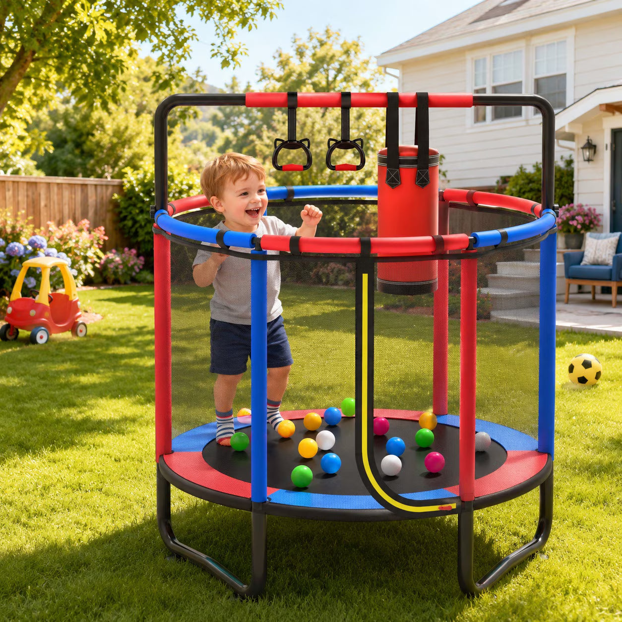 4.5FT Mini Trampoline for Kids Ages 3+, Indoor Toddler Trampoline with Enclosure Net, Padded Springs, Jumping Mat, Small Trampoline for Home Play, Kids Trampoline for Boys Girls