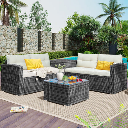 4 Piece Outdoor Dining Set, Rattan Wicker Chairs with Glass Dining Table and Storage Cabinet, All-Weather Rectangle Patio Sofa Furniture Set with Cushions for Backyard, Porch, Garden, Pool, L2287