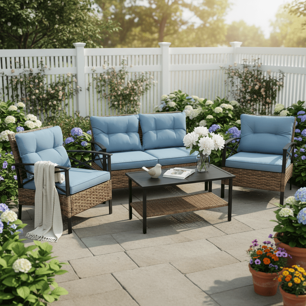 4-Piece Patio Conversation Sets, 2025 Upgrade All-Weather Wicker Patio Furniture Set w/Seat Cushions & Tempered Glass Coffee Table, Outdoor Patio Sets for Porch Poolside Backyard Garden, 705lbs