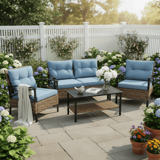 4-Piece Patio Conversation Sets, 2025 Upgrade All-Weather Wicker Patio Furniture Set w/Seat Cushions & Tempered Glass Coffee Table, Outdoor Patio Sets for Porch Poolside Backyard Garden, 705lbs