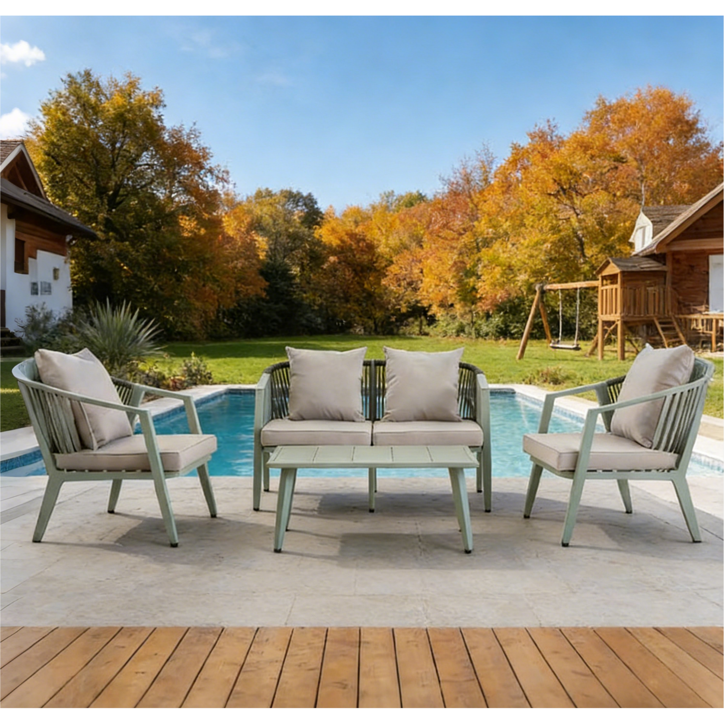 4 Piece Patio Furniture Set,Outdoor Wicker Desk Patio Bistro Furniture Set with 4 Cushions & Tempered Glass Coffee, Outdoor Conversation Sets for Backyard, Garden,Poolside,Balcony--Green.