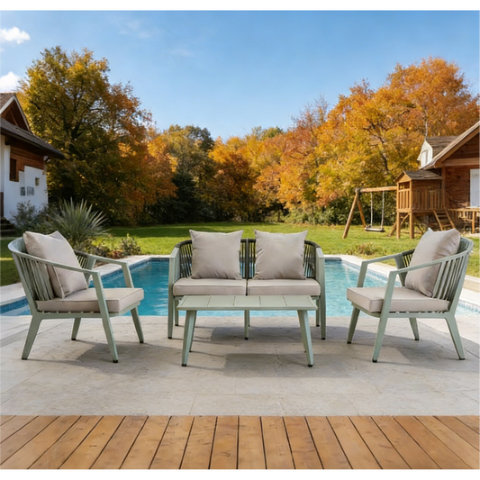 4 Piece Patio Furniture Set,Outdoor Wicker Desk Patio Bistro Furniture Set with 4 Cushions & Tempered Glass Coffee, Outdoor Conversation Sets for Backyard, Garden,Poolside,Balcony--Green.