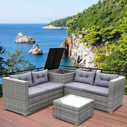 4 Piece Wicker Patio Sectional Sofa Set with Storage Ottoman, All-Weather Outdoor Conversation Set Dining Set with Gray Cushions and Table for Backyard, Porch, Garden, Poolside, L4538