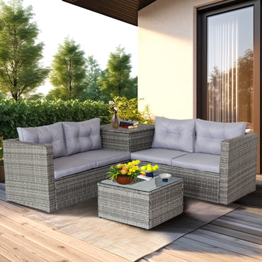 Patio Furniture Sofa Set, 6 Piece Outdoor Conversation Sets, 4 Rattan Chairs and Glass Table, Ottoman, All-Weather Patio Sectional Sofa Set with Cushions for Backyard, Porch, Garden, Poolside, LLL1403