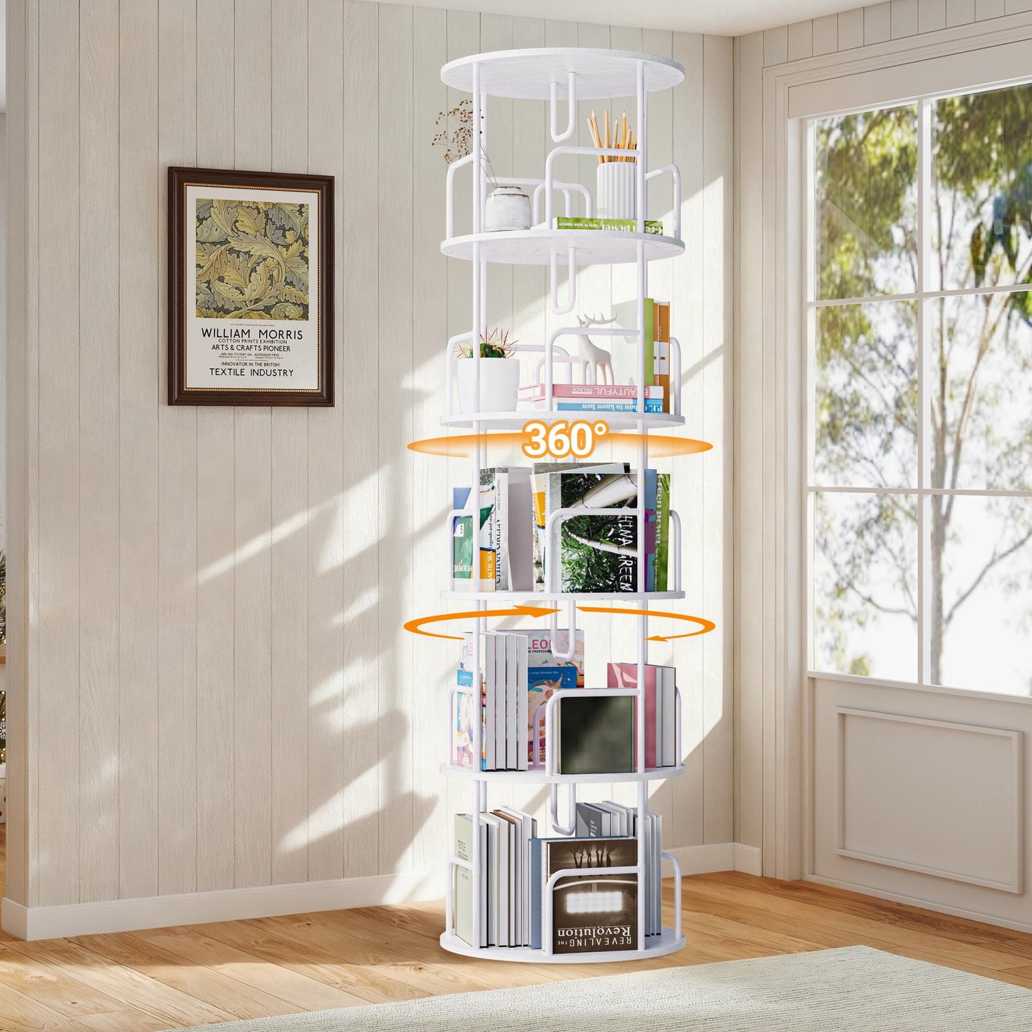 5-Tier Rotating Bookshelf Tower, 360° Spinning Bookcase with Narrow Tall Design, Vertical Revolving Storage Shelf, MDF+Iron Frame, Space-Saving Organizer for Bedroom, Living Room, Home Office