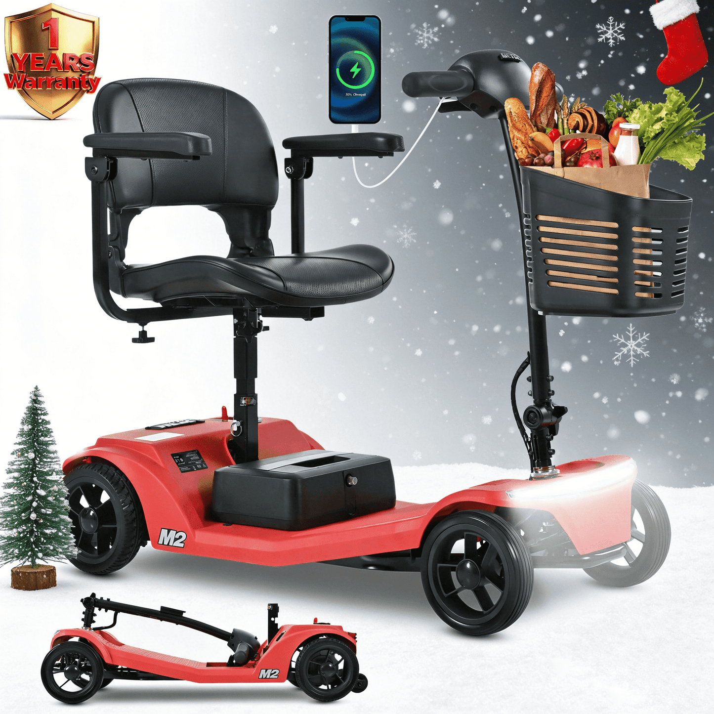 SEGMART 4 Wheel Mobility Scooter for seniors, Heavy Foldable Mobility Scooter with Front and Rear Lights and Basket, Suitable for seniors and adults,24V x 300W Motor, 300 lbs,Red